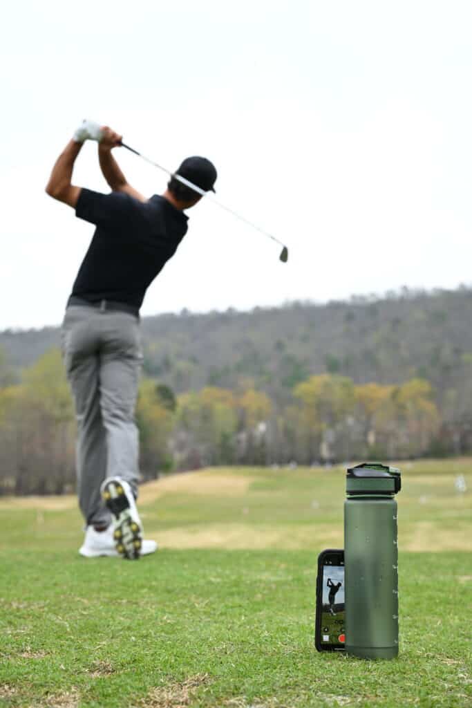 Record swing video with water bottle for Mustard Golf